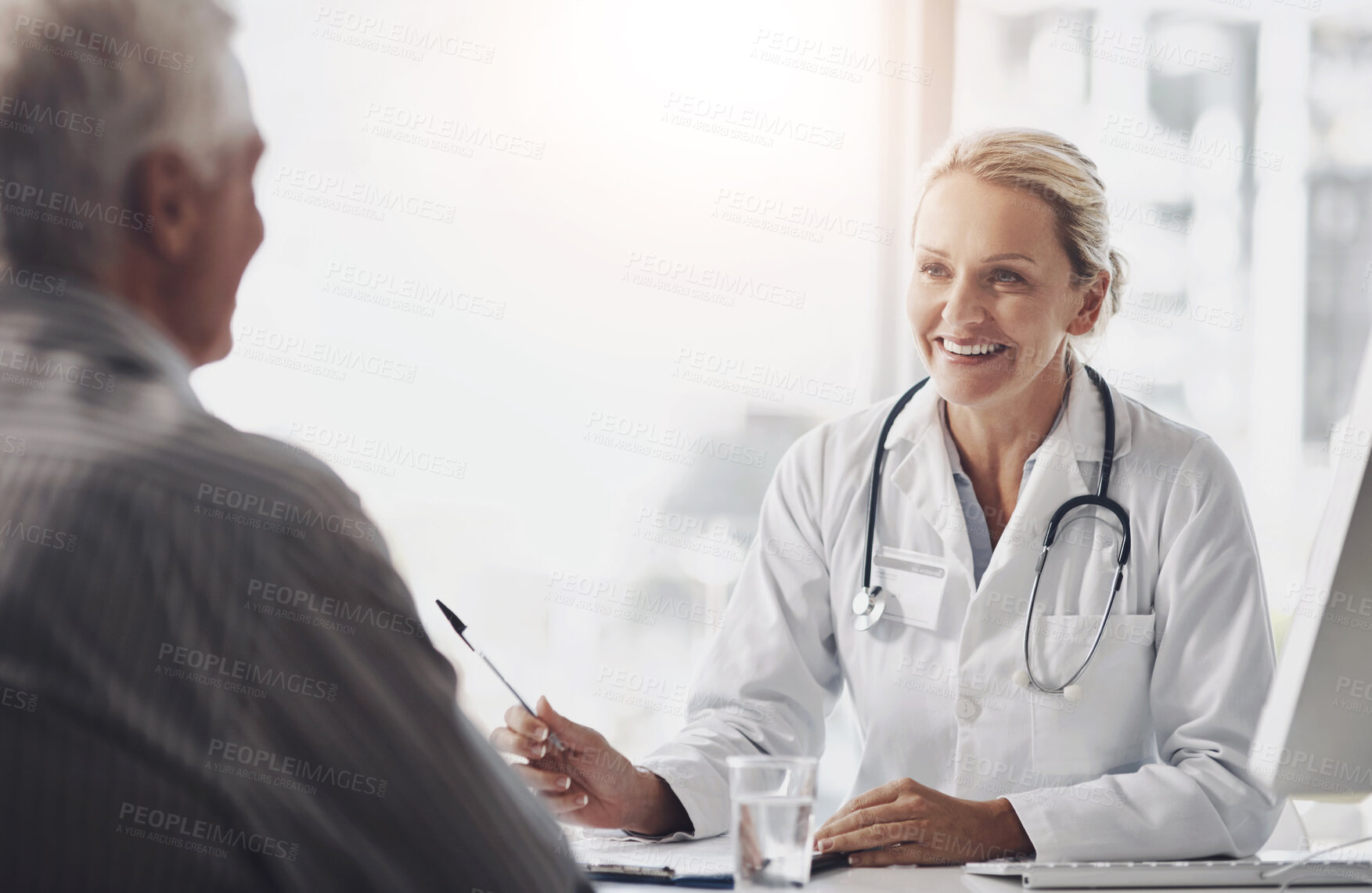 Buy stock photo Woman, doctor and senior patient in consultation for clinical trial recruitment in reverse aging, lifespan and healthcare. Happy medical professional with checklist, document and helping with advice