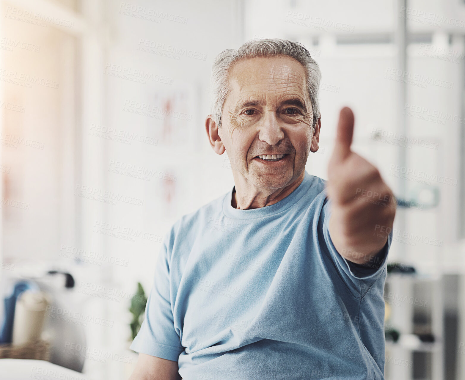 Buy stock photo Physiotherapy, thumbs up and portrait of senior man for rehabilitation, consulting and wellness. Chiropractor, healthcare and patient with emoji for thank you, success and happy for medical service