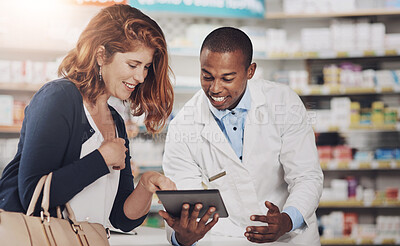 Buy stock photo Tablet, pharmacist and woman consulting at counter with smile, advice and online search for medical info. Healthcare, man and happy customer service with digital app for help in prescription medicine