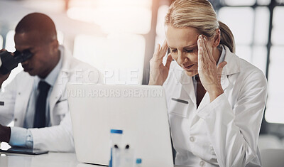 Buy stock photo Science, research and woman at laptop with headache, stress and online review for medical study. Computer, mental health and frustrated scientist in laboratory with fatigue, brain fog and burnout.