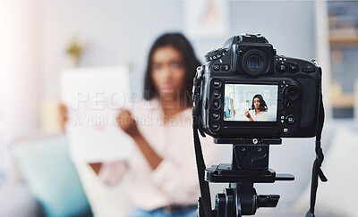 Buy stock photo Influencer, content creation and makeup streamer on camera screen for podcast, demonstration or video. Filming, social networking and woman at home for online audience, presentation or digital review