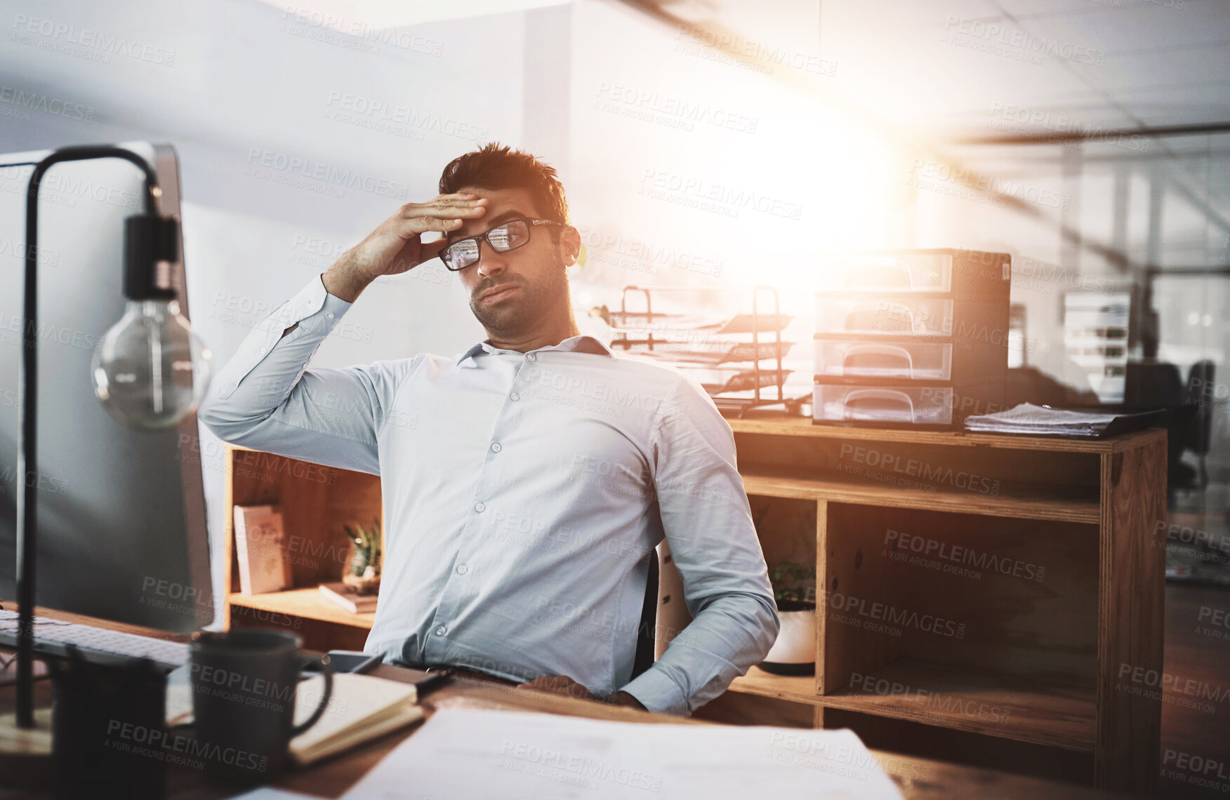 Buy stock photo Stress, headache and business man on computer with bad news, bankruptcy and fail in office. Migraine, fatigue and worker reading email for stock market crash, mistake and worry for financial crisis