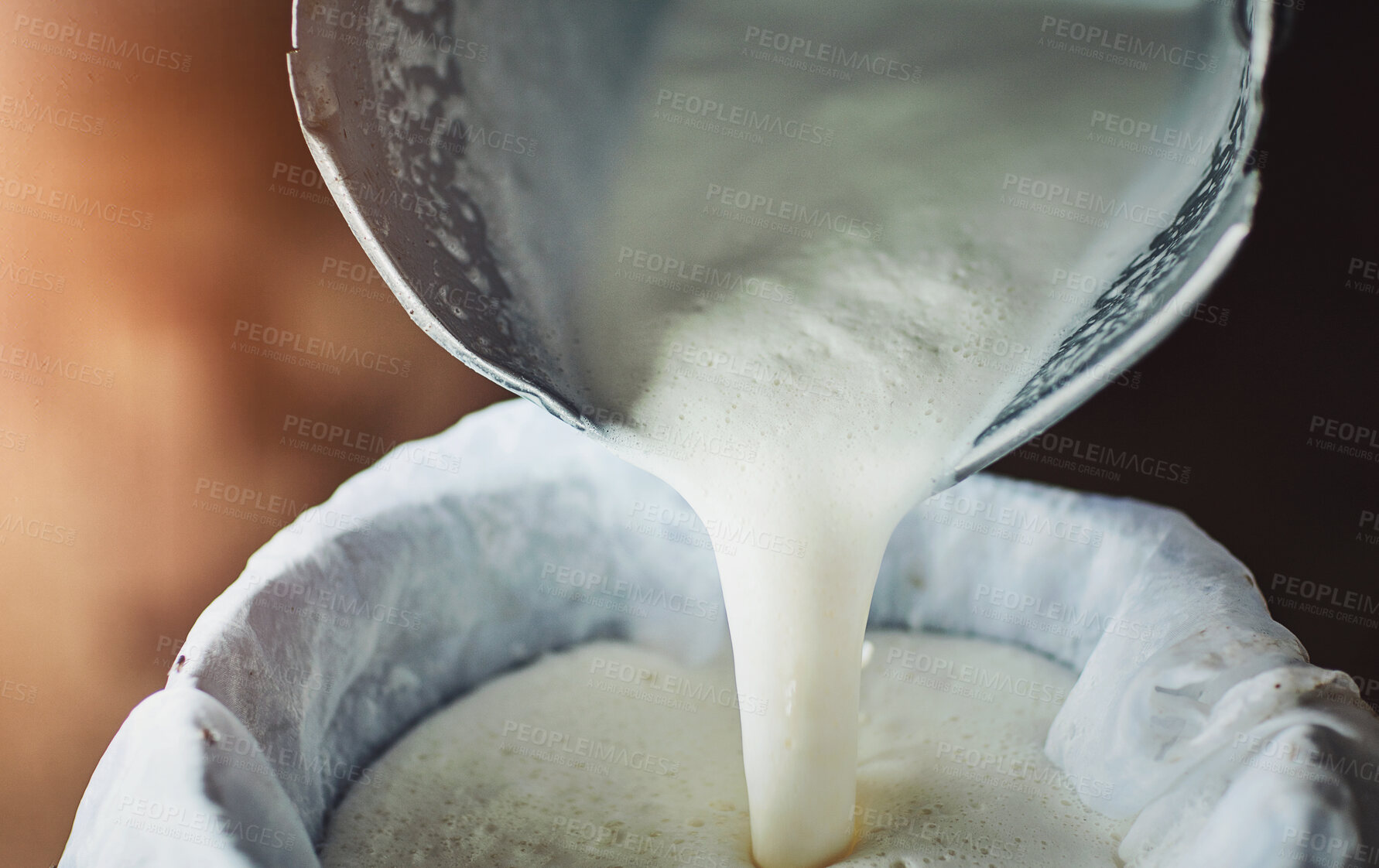 Buy stock photo Bucket, milk and farming with natural production for calcium, sustainability or fresh produce from cow. Closeup of container with drinking liquid, pour or mineral for smooth, full cream or vitamin