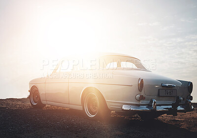 Buy stock photo Car, sunset and park in nature for road trip with vintage vehicle, luxury and journey in summer. Transport, machine and classic collectors item on cliff for display, adventure and travel in Sweden