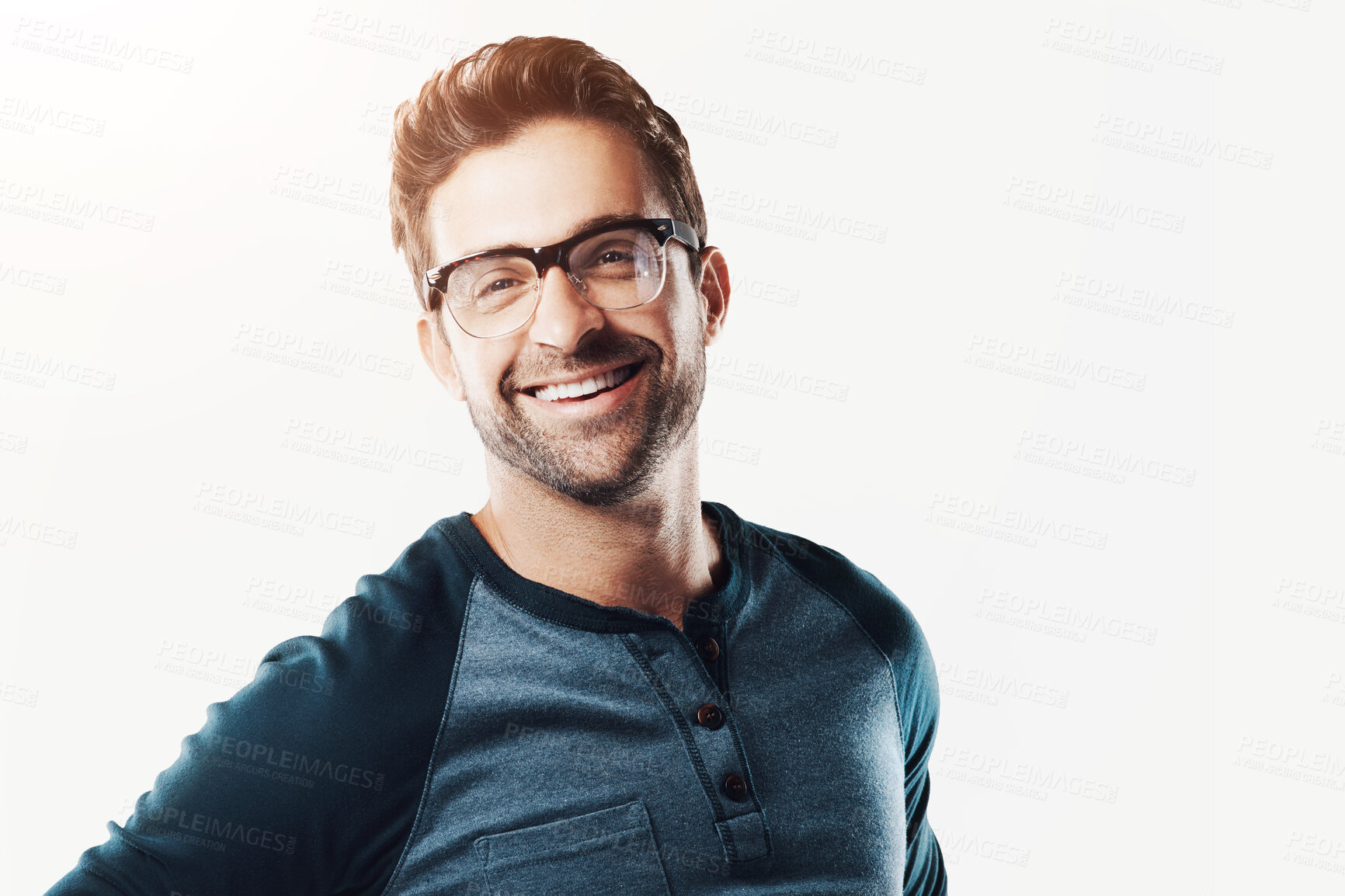 Buy stock photo Glasses, smile and portrait of man in studio for optometry,  eye care and pride in healthy vision. Confident, person and face with eyewear on white background for optical, prescription lens and frame