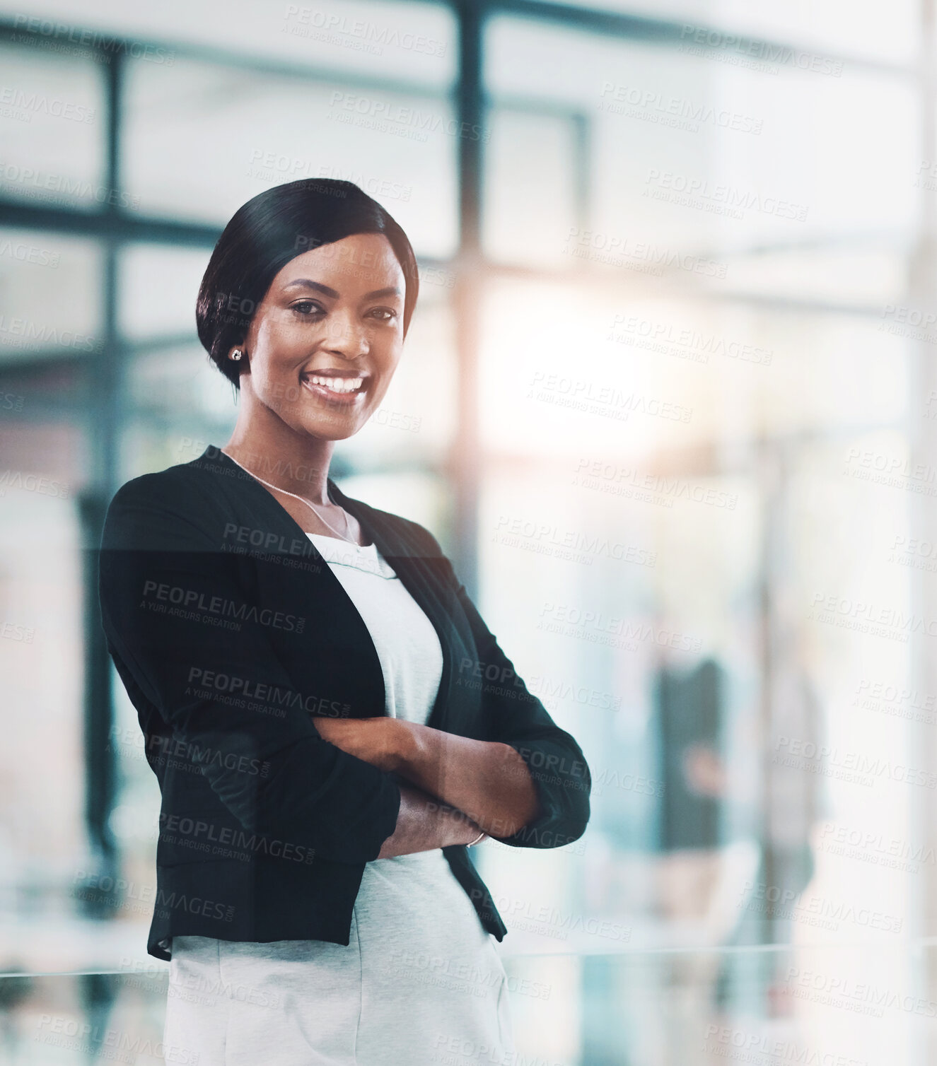 Buy stock photo Black woman, business and arms crossed portrait with law firm company, attorney agency and proud for goal. Happy lawyer, professional and employee or worker with modern office, consultant and manager