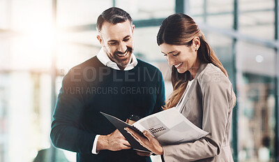 Buy stock photo Man, woman and folder for company proposal in office for teamwork, reading or review for project. Business people, partner and attorney with feedback, compliance and happy for results in workplace