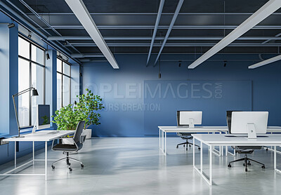 Buy stock photo Empty office, room and interior with computer, chair and desk for business at startup company. Plants, table and workplace with modern design of furniture, lights or wall decor with tech by workspace