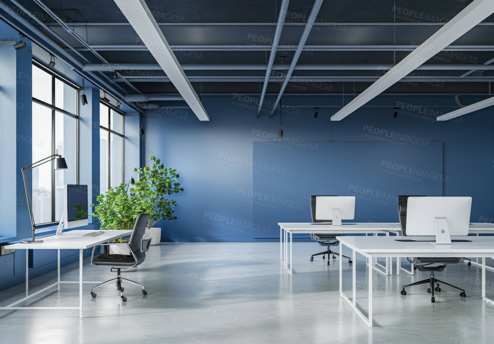 Buy stock photo Empty office, room and interior with computer, chair and desk for business at startup company. Plants, table and workplace with modern design of furniture, lights or wall decor with tech by workspace