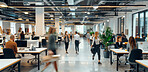 Business, walking and colleagues in office, desk and furniture for workspace of coworking, table and startup. Workplace, interior design and architecture of building, people and busy in morning