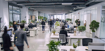 Buy stock photo Business, walking and people in office, desk and furniture for workspace of coworking, table and startup. Workplace, interior design and architecture of building, colleagues and busy in company