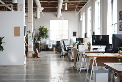 Buy stock photo Business, chair and empty with furniture, computer and minimal for workspace of coworking, table and startup. Workplace, interior design and architecture of building, property of desk in morning