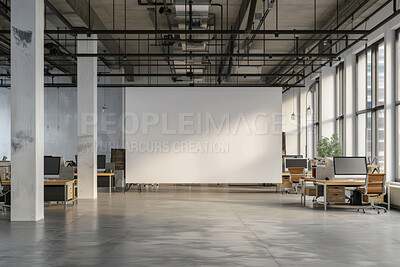 Buy stock photo Business, display and empty in room, projector and mockup for presentation of meeting or conference. Minimal, workshop and space for seminar, blank and architecture of building for convention