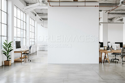 Buy stock photo Business, chair and computer in room, projector screen and minimal for workspace of coworking, table or startup. Workplace, interior design and architecture of building, property of mockup space