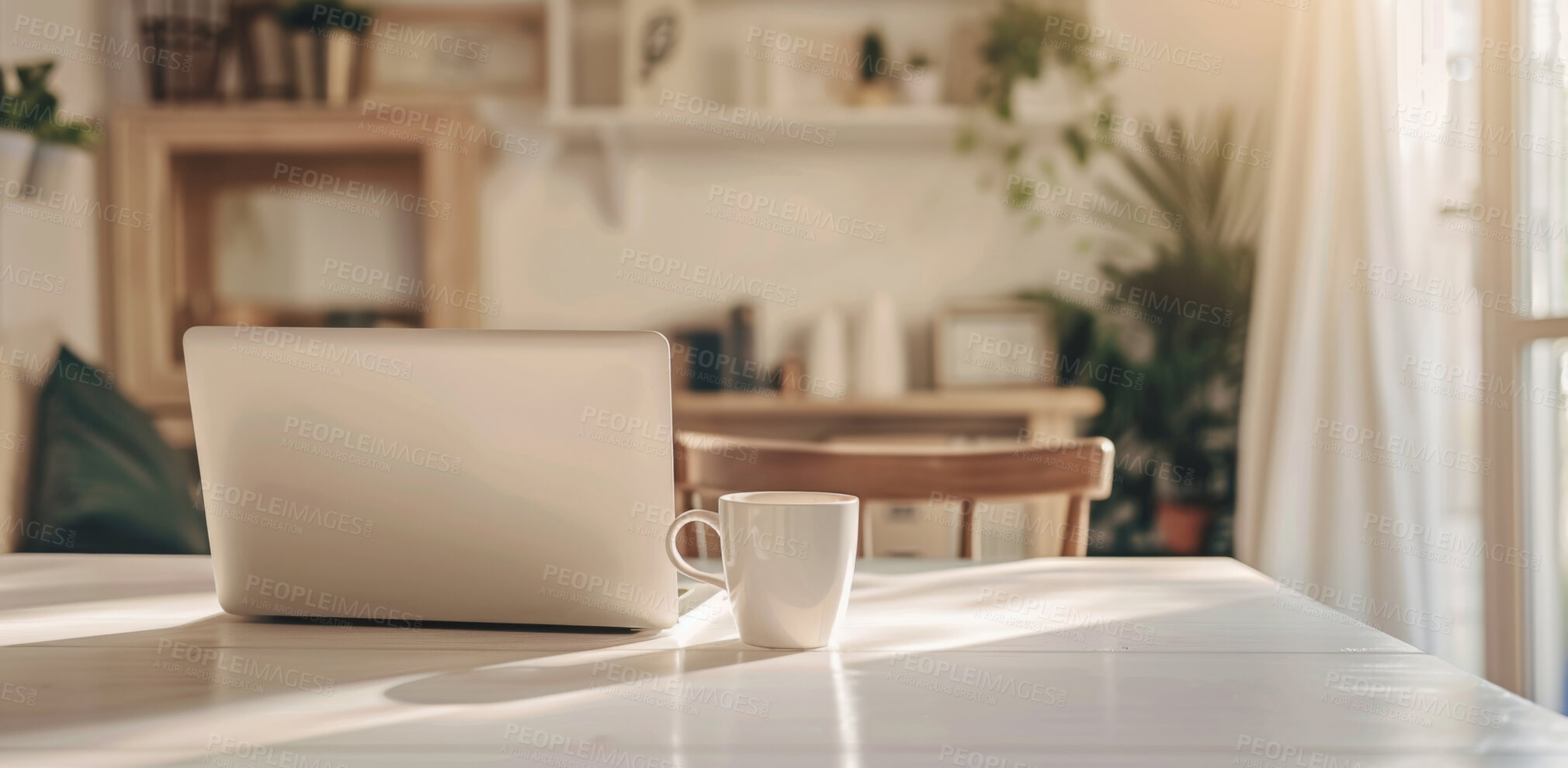 Buy stock photo Interior design, home office and laptop on table with coffee, natural light and comfort aesthetic. Remote work, tech and mug in workspace for productivity, freelance employment and online business