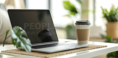 Buy stock photo Business, laptop and coffee in modern office, light and workflow for project, plants and herbal tea. Empty, ergonomics and computer for internet, research and cappuccino with sunshine and tranquility