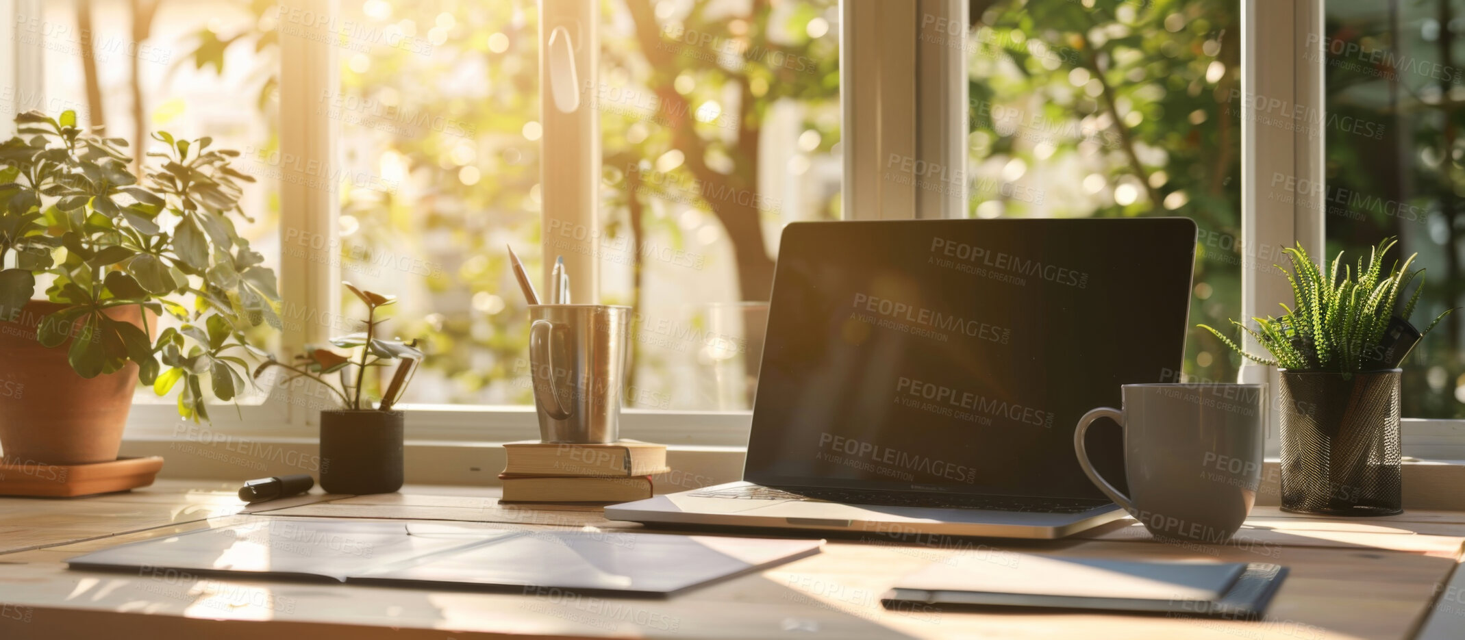 Buy stock photo Window, laptop screen and interior with electronics on desk, proposal and business research with digital. Remote work, technology and sunshine by table for freelance, coffee and banner in home office