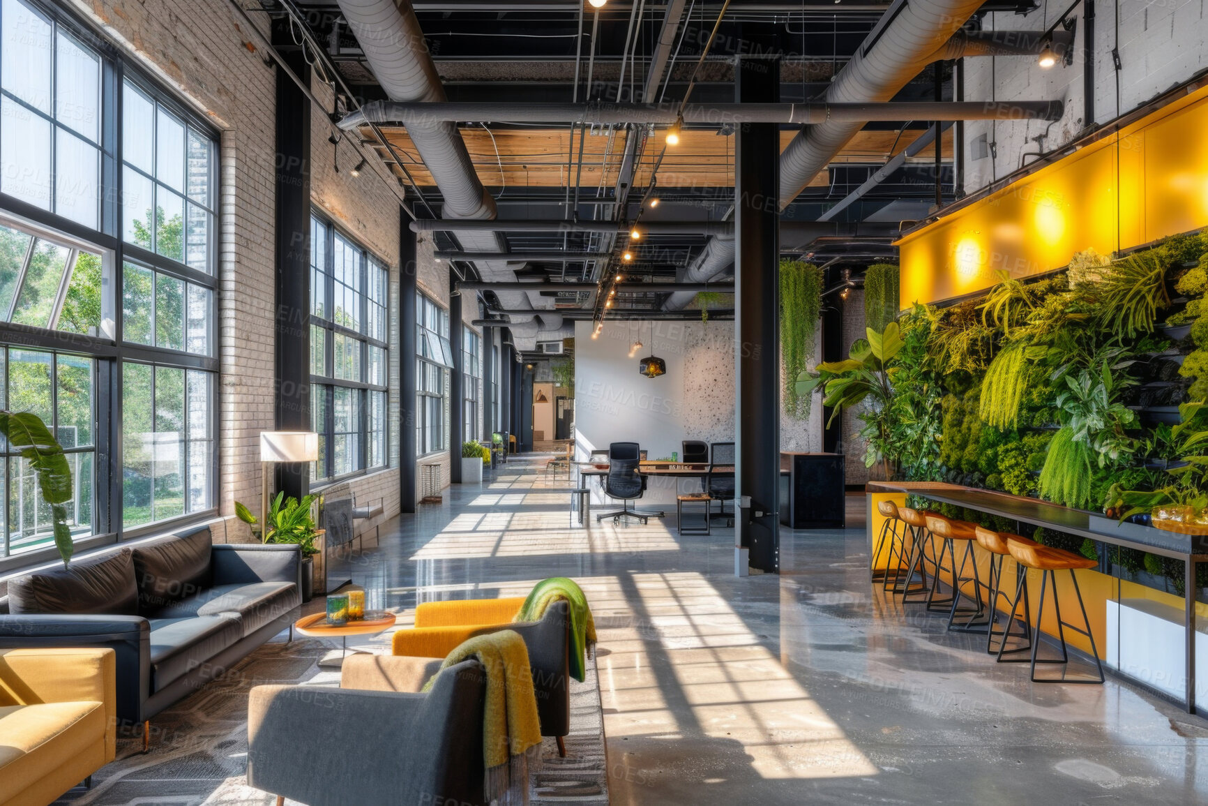 Buy stock photo Lobby, office and interior with sofa, waiting room and reception desk with plants at startup company. Empty lounge, couch and chair at workplace with modern design of furniture, lights and decoration