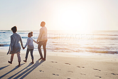 Buy stock photo Sunshine, family and beach for walk, waves or ocean for relax on seaside holiday. Parents, child or summer for travel and vacation to Los Angeles, holding hands or love for mom or dad person together