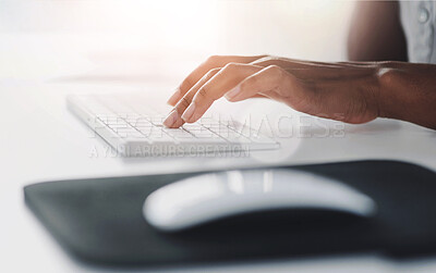 Buy stock photo Typing, keyboard and hands of business person at desk working on proposal, content creation or project. Corporate, workstation and closeup of employee for email, copywriting or report in office