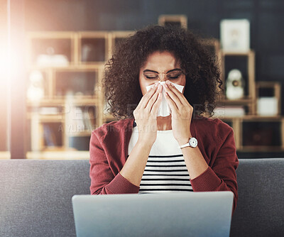Buy stock photo Tissue, laptop and woman on sofa blowing nose for flu, sinus or viral infection in living room. Lens flare, copywriter and sick person with sneeze for remote work, allergies or sinusitis in home  