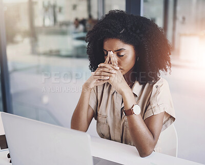 Buy stock photo Frustrated woman, laptop and stress with headache in debt, depression or anxiety at office. Tired female person or employee with migraine or loss in financial crisis, fatigue or burnout at workplace