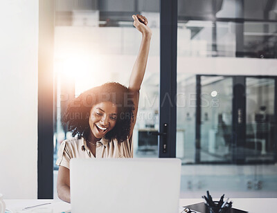 Buy stock photo Success, office and excited black woman at laptop for winning deal, business plan and good news. Celebration achievement and consultant with sales goals, opportunity and happy email at digital agency