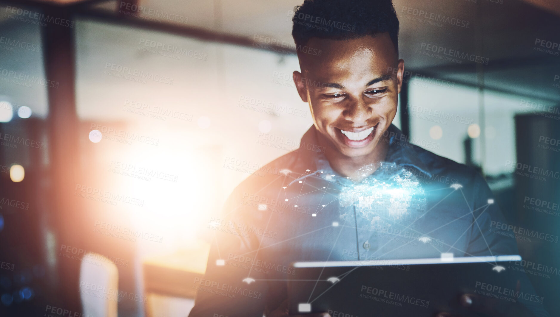 Buy stock photo Night, networking and black man with tablet, hologram and online global system for business connection. Smile, data and businessman in office with digital app, ux software and futuristic technology