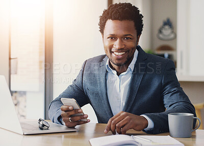 Buy stock photo Business, black man and portrait with phone in office for checking notification, social media scroll or mobile chat. Professional, employee or happy with technology at desk for online search or email