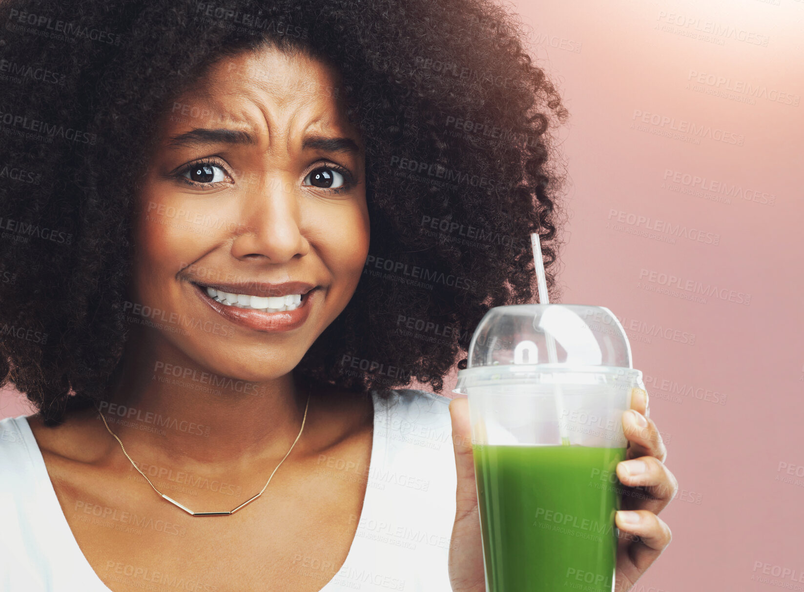 Buy stock photo Green juice, disgust and portrait of woman with diet for weight loss, health or wellness. Vitamins, gross and upset African female person with vegetable smoothie for nutrition by studio background.