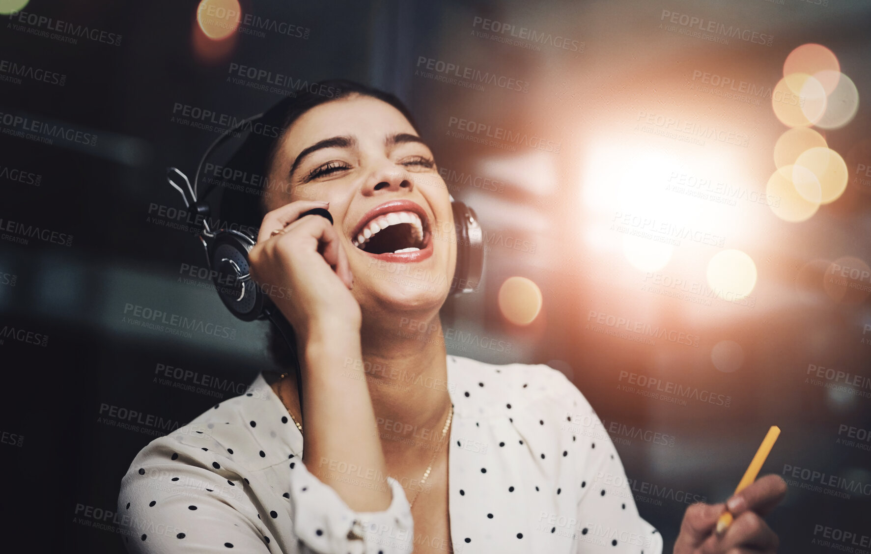 Buy stock photo Night, happy and woman with headset in call center for customer service, discussion and joke to client. Agent, consulting and laughing with mic at work for IT support, solution and good review