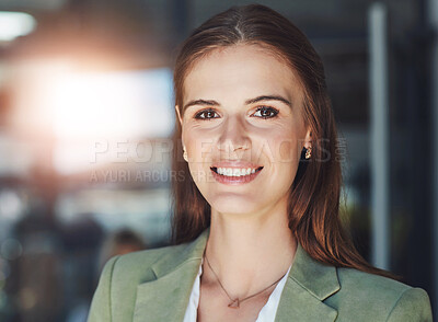 Buy stock photo Portrait, smile and business woman in office with confidence for career growth opportunity or internship. Professional, media agency and employee for content creation, journalist or creative writer