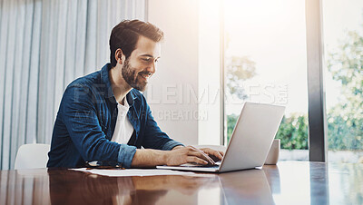 Buy stock photo Man, working and video call with laptop in home for online meeting, document for report on email marketing. Male person, social media and web conference with computer for review of engagement