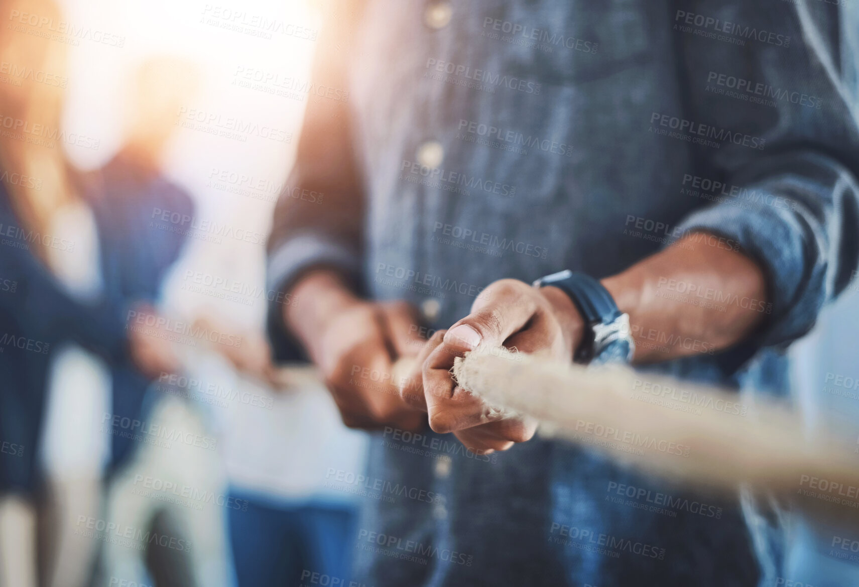 Buy stock photo People, pull or hands for team building in office with battle, collaboration with game for company. Tug of war, contest or employee with power or rope in workplace, competition or challenge for staff