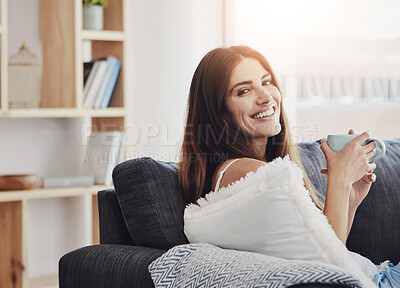 Buy stock photo Portrait, smile and woman on couch with mug, coffee and morning for caffeine in home. Relax, cup or beverage for happy person on sofa, living room or matcha for calm drink in lounge for weekend break