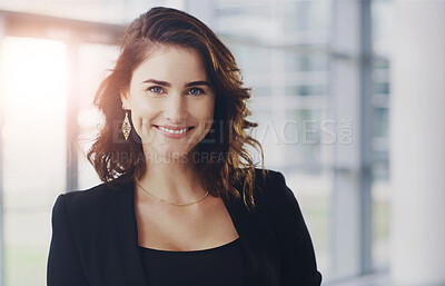 Buy stock photo Woman, portrait and smile in office for career with finance, employee with confidence for accounting. Female accountant, happiness and workplace building with pride for professional job in corporate