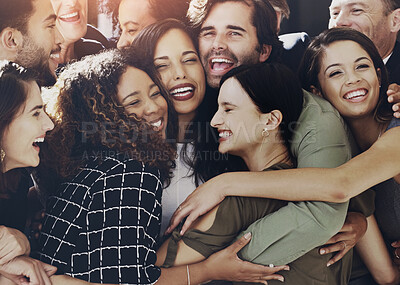 Buy stock photo Friends, hug and smile with business people in office together for love, support or team building. Collaboration, diversity and funny with employee group laughing in company workplace for bonding