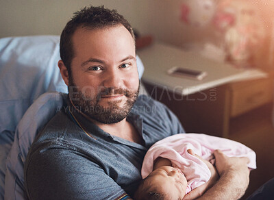 Buy stock photo Newborn, smile or portrait of new dad in clinic with pride, happiness or love for family. Baby, father and care in nursery for safety, trust and security for precious child with papa, dream and sleep