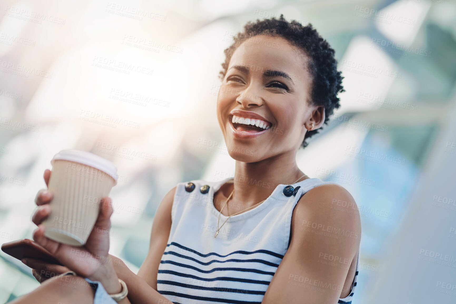 Buy stock photo Smile, coffee and black woman with phone at work for social media, email check or internet information. Laughing, break and young African employee on mobile app with drink, meme and joke in office