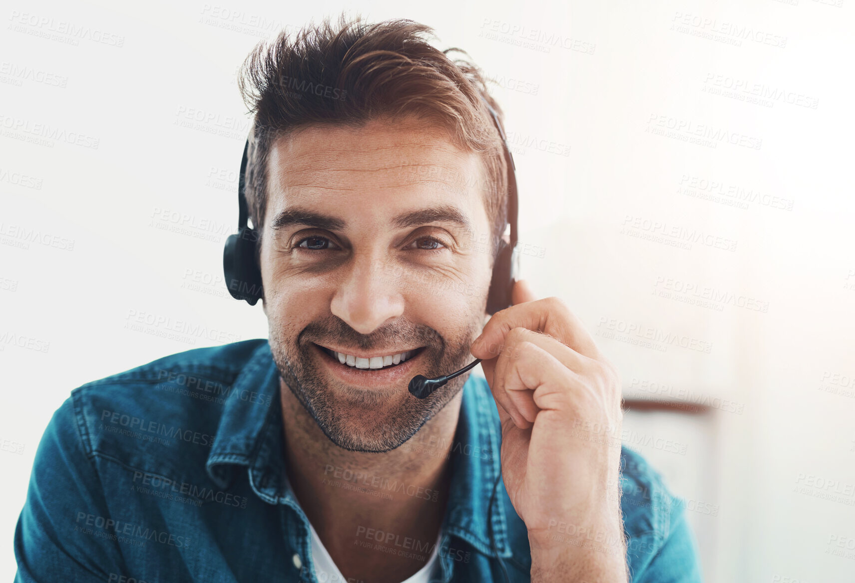 Buy stock photo Portrait, headset and man in office, smile and consultation in for help in agency and customer service. Advisor, connect and call center with mic, communication and operator for telemarketing