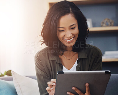 Buy stock photo Happy woman, news or tablet in home for reading online blog, research or article on social media. Ebook, interior decoration or person on touchscreen technology for renovation project on internet