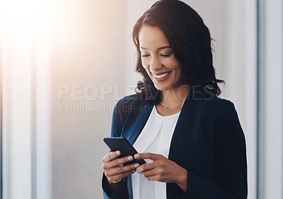 Buy stock photo Legal, business or happy woman in office with phone, smile or connection for text message, news or chat. Advisor, lawyer or consultant typing on mobile app for reading case schedule, email or advice 