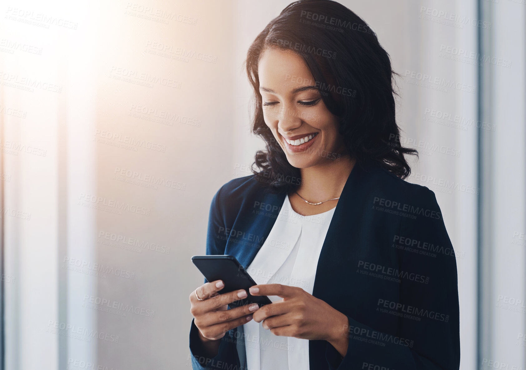 Buy stock photo Legal, business or happy woman in office with phone, smile or connection for text message, news or chat. Advisor, lawyer or consultant typing on mobile app for reading case schedule, email or advice 