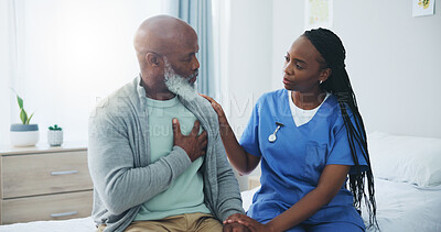 Buy stock photo Healthcare, nurse and mature man with consultation in hospital for medical service, support or advice. Clinic, professional and black people with discussion on bed for heart disease, stroke and help