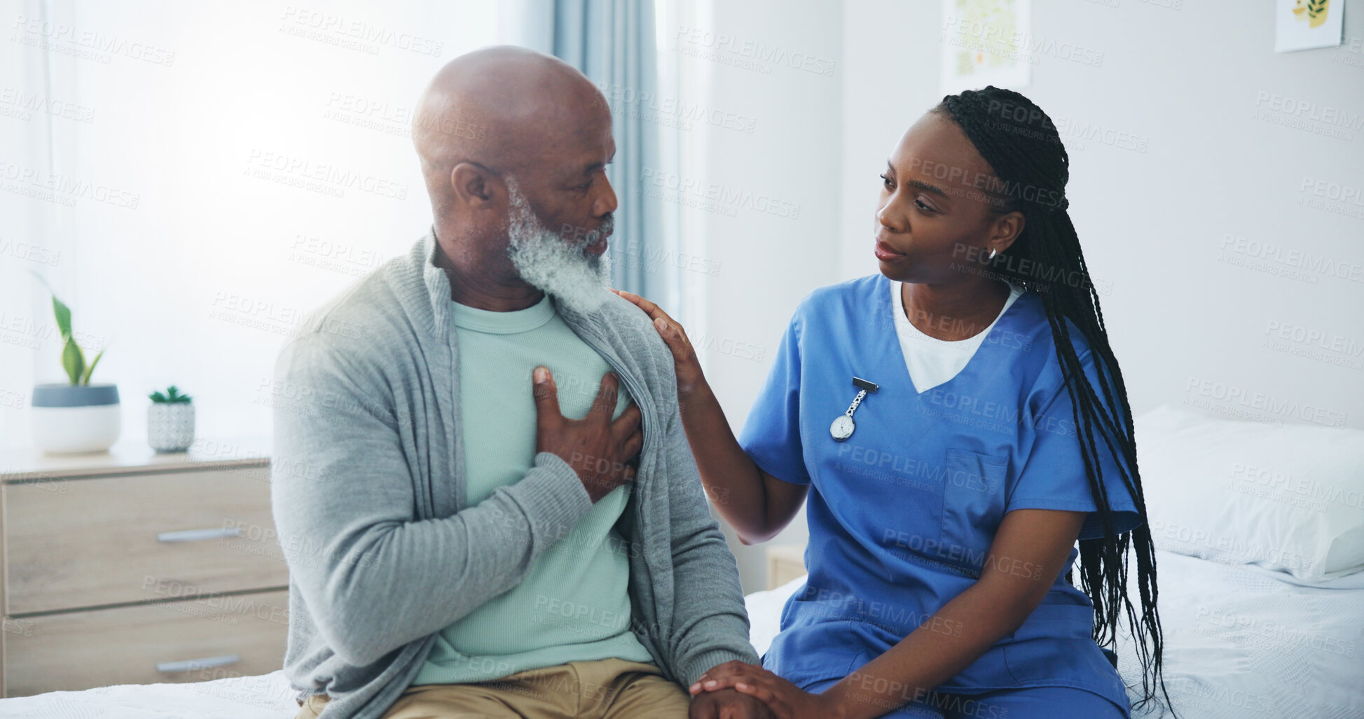 Buy stock photo Healthcare, nurse and mature man with consultation in hospital for medical service, support or advice. Clinic, professional and black people with discussion on bed for heart disease, stroke and help