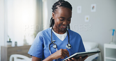 Buy stock photo Happy, tablet and doctor in hospital, healthcare and email with online reading, internet and connection. Black woman, nurse and employee in medicare clinic, tech or network with digital app and smile