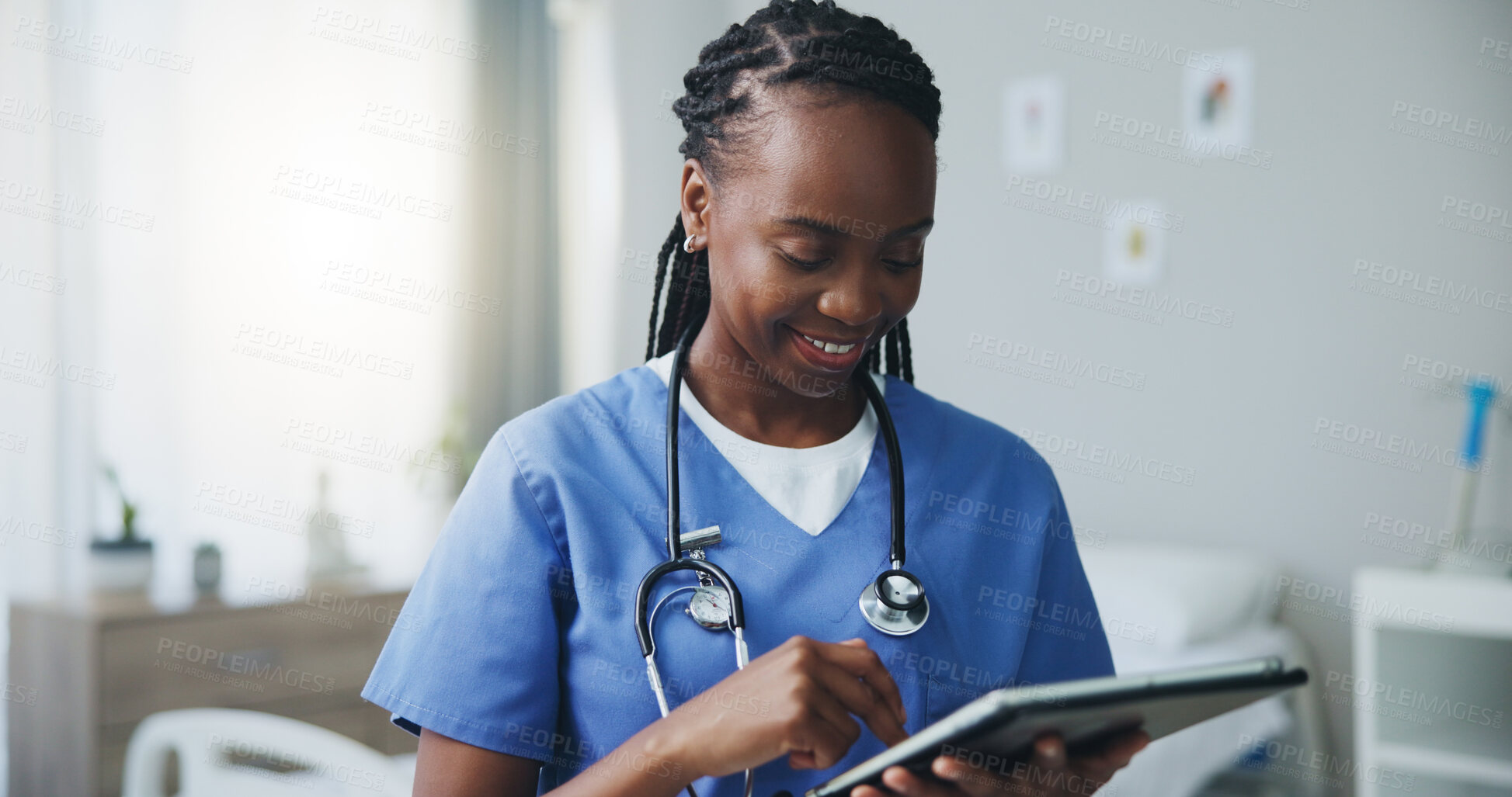 Buy stock photo Happy, tablet and doctor in hospital, healthcare and email with online reading, internet and connection. Black woman, nurse and employee in medicare clinic, tech or network with digital app and smile