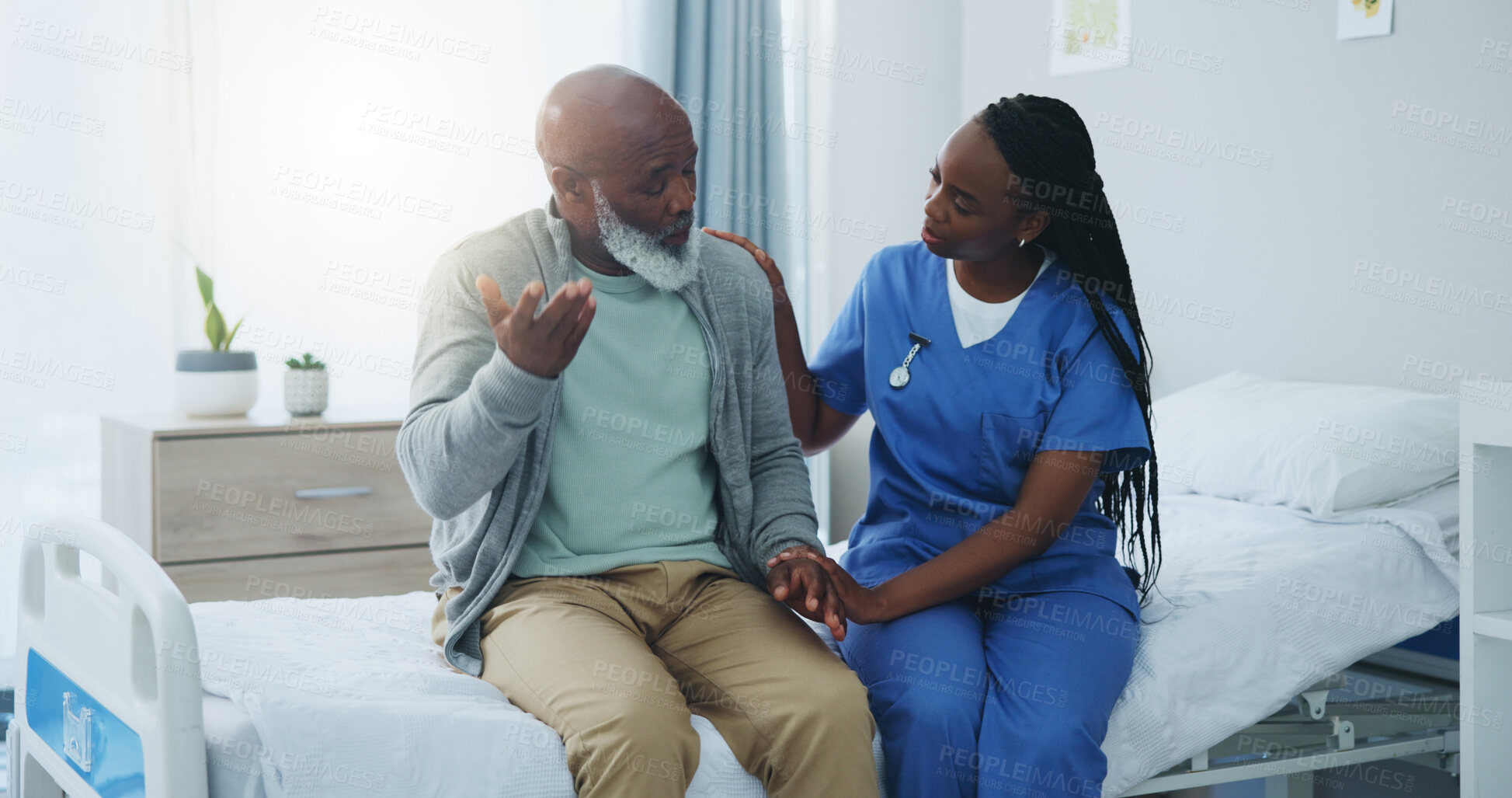 Buy stock photo Healthcare, nurse and black man with consultation in hospital for medical support, service and advice. Clinic, professional and elderly person with discussion on bed for covid exam, feedback and help