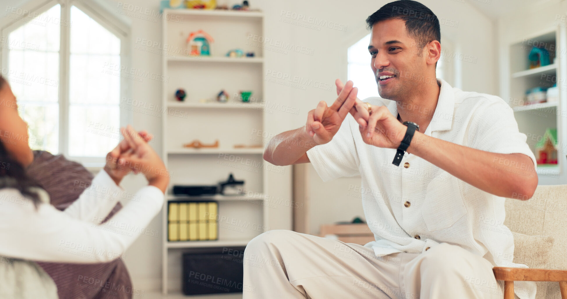 Buy stock photo Girl, kid and therapist for speech therapy, communication and articulation practice for verbal disorder. Man, child and sign for technique or skill for vocal development, activity and exercise.