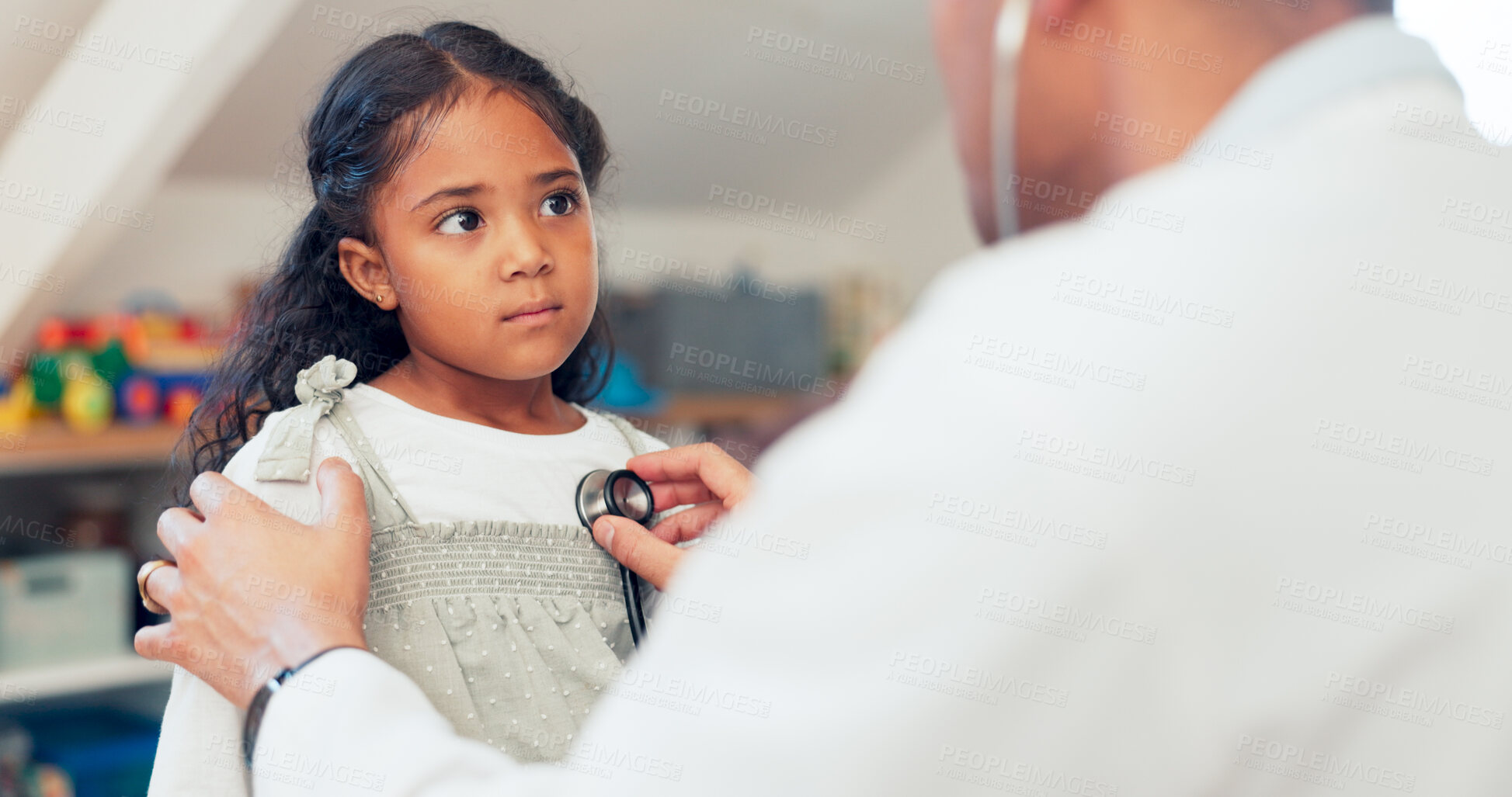 Buy stock photo Healthcare, girl and doctor with stethoscope for checkup, heart sound and blood flow for respiratory condition. Clinic, sick child and pediatrician with medical equipment, cardiology test and results